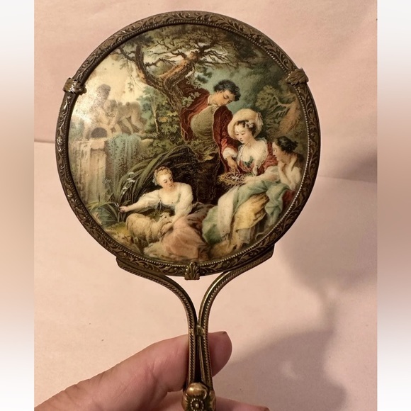 Vintage or Antique Victorian Portrait Art Gold-Tone Hand Mirror - Some Crazing - Picture 1 of 10